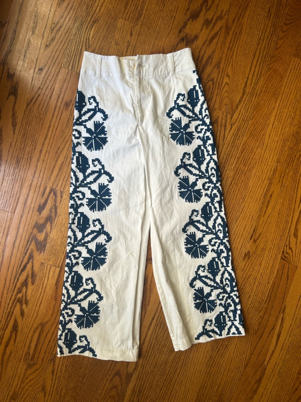 Anthropologie White Pants with Navy Embroidered Detail